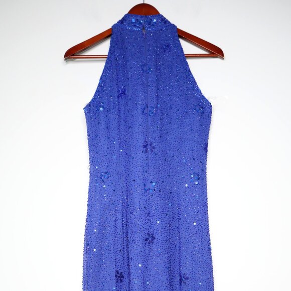 Avanti Silk Beaded Sequin Long Evening Gown Halter Formal Dress Royal Blue Party - Picture 7 of 16